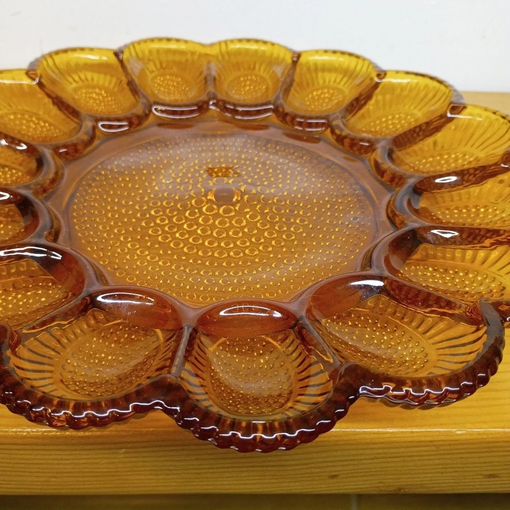 Indiana Glass Deviled Egg Plate Vintage Amber Hobnail 11